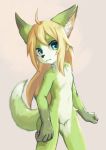  absurd_res ahoge anthro bangs black_nose blonde_hair breasts canid canine countershade_face countershade_torso countershading dipstick_ears dipstick_tail featureless_breasts featureless_crotch female flat_chested fox fur green_eyes green_fur green_tail hair hi_res kemono long_hair looking_at_viewer mammal multicolored_ears multicolored_fur multicolored_tail navel nude pawpads pink_pawpads shimizu_tsubasa smile teal_eyes white_countershading white_fur white_tail 