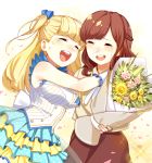  2girls :d blonde_hair blue_bow bouquet bow braid breasts brown_hair brown_skirt crying dress flower gloves hair_bow highres holding holding_bouquet large_breasts long_hair multiple_girls open_mouth petals polka_dot_skirt simple_background skirt sleeveless sleeveless_dress smile tears tokyo_7th_sisters uesugi_u_kyouko white_gloves yakimi_27 yellow_background 