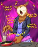  avian beak bird bojack_horseman breasts clothing cooking dress egg eyes_closed female frist44 frying jacket jewelry musical_note necklace non-mammal_breasts open_beak open_mouth owl pan singing solo spatula stove tools topwear upscale wanda_pierce 