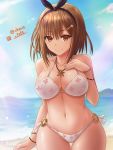  1girl atelier_(series) atelier_ryza bikini blush breasts brown_eyes brown_hair cleavage collarbone eyebrows_visible_through_hair hair_ornament hairclip haura_akitoshi jewelry large_breasts looking_at_viewer navel necklace o-ring o-ring_bottom ocean reisalin_stout smile solo star swimsuit 