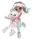  2girls bandana bangs black_hair blunt_bangs blush closed_mouth commentary cross-laced_footwear crown dark_skin domino_mask dress fangs full_body gradient_hair green_hair green_pants head_tilt headphones highres hime_(splatoon) hug hug_from_behind iida_(splatoon) jewelry leg_up lifting_person long_hair long_sleeves lowleg lowleg_pants makeup mascara mask medium_hair midriff mole mole_under_mouth multicolored_hair multiple_girls o_masuta open_mouth pants pink_dress pink_hair ring shirt shoes short_dress simple_background sleeveless sleeveless_shirt smile sneakers splatoon_(series) splatoon_2 standing standing_on_one_leg sweater sweater_dress white_background white_footwear white_hair white_shirt 