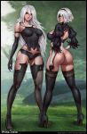  2girls android aroma_sensei artist_name ass back_cutout black_footwear black_gloves black_hairband black_legwear black_shorts blindfold blurry blurry_background boots breasts cover_image elbow_gloves facing_viewer feather_trim gloves hairband high_heel_boots high_heels highleg highleg_leotard highres large_breasts legs_apart leotard lips long_hair looking_at_viewer looking_back mole mole_under_mouth multiple_girls nier_(series) nier_automata outdoors parted_lips puffy_short_sleeves puffy_sleeves robot_joints short_hair short_shorts short_sleeves shorts silver_hair smile standing tank_top thighhighs thighhighs_under_boots watermark web_address yellow_eyes yorha_no._2_type_b yorha_type_a_no._2 
