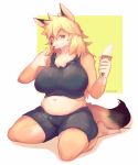 absurd_res amber_eyes anthro black_bottomwear black_clothing black_fur black_topwear bottomwear breasts canid canine clothing crop_top dessert female food fox front_view fur hi_res ice_cream kneeling looking_at_viewer mammal navel shirt simple_background slightly_chubby solo sususuigi tan_fur topwear white_background yellow_background 