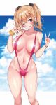  1girl ass_visible_through_thighs bangs bare_shoulders blonde_hair blue_eyes blue_sky blush bracelet breasts cloud cloudy_sky collarbone day detexted eyebrows_visible_through_hair fingernails hair_ornament hands_up head_tilt highres jewelry kurumizawa_asahi large_breasts long_hair looking_at_viewer matarou_(genkai_toppa) navel novel_illustration one_eye_closed open_mouth outdoors pink_swimsuit scrunchie shiny shiny_clothes shiny_hair shiny_skin sidelocks sky slingshot_swimsuit solo stomach swimsuit third-party_edit tokushu_seiheki_kyoushitsu_e_youkoso twintails v yellow_scrunchie 