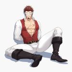  1boy 47_(479992103) abs arms_behind_back beard black_footwear blindfold boots brown_hair cleave_gag closed_mouth cloth_gag collared_shirt facial_hair fate/grand_order fate_(series) full_body gag gagged improvised_gag long_sleeves male_focus napoleon_bonaparte_(fate/grand_order) open_clothes open_shirt pants pectorals red_vest scar shirt simple_background sitting solo spread_legs teeth vest white_pants white_shirt 