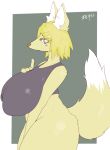  anthro blonde_hair blush border bottomless breasts canid canine clothed clothing dipstick_tail eyebrow_through_hair eyebrows female fox fur fur_tuft grey_eyes hair hand_on_breast inner_ear_fluff looking_at_viewer mammal mature_female multicolored_tail nipple_outline omowyi_moto portrait side_view signature smile solo three-quarter_portrait translucent translucent_hair tuft white_border white_fur 
