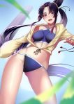  1girl absurdres ass_visible_through_thighs bangs bikini black_hair blue_eyes blunt_bangs blurry_foreground breasts dutch_angle eyebrows_visible_through_hair fate/grand_order fate_(series) fifty1202 hair_ribbon highres jacket long_hair looking_at_viewer medium_breasts open_clothes open_jacket open_mouth ribbon solo standing swimsuit ushiwakamaru_(fate/grand_order) ushiwakamaru_(swimsuit_assassin)_(fate) very_long_hair 