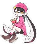  +_+ 1girl aori_(splatoon) beanie black_hair black_shorts brown_eyes brown_footwear closed_mouth commentary domino_mask earrings eating food french_fries full_body hat highres holding holding_food invisible_chair jewelry long_hair long_sleeves looking_at_viewer mask mole mole_under_eye o_masuta pink_legwear pointy_ears purple_headwear purple_shirt shirt shoes shorts simple_background sitting smile socks solo splatoon_(series) splatoon_1 squidbeak_splatoon star_hat_ornament tentacle_hair very_long_hair white_background 