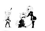  ! 1boy 2girls animal_ears blush boots breasts chibi cleavage cleavage_cutout collar dog_ears dog_tail hairband high_contrast high_heel_boots high_heels imizu_(nitro_unknown) kemonomimi_mode leash long_hair multiple_girls nier_(series) nier_automata petting short_hair shorts squatting tail tail_wagging thigh_boots thighhighs thighhighs_under_boots translation_request walk-in yorha_no._2_type_b yorha_no._9_type_s yorha_type_a_no._2 zettai_ryouiki 