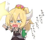  1girl bangs black_collar black_dress blonde_hair blue_eyes bowsette bracelet child collar commentary crown dress eyebrows_visible_through_hair fang frown horns jewelry jinguu_(4839ms) long_dress long_hair mario_(series) motion_lines new_super_mario_bros._u_deluxe open_mouth pointy_ears purple_nails reaching_out sharp_sign sharp_teeth simple_background solo spiked_armlet spiked_bracelet spiked_collar spiked_shell spikes standing strapless strapless_dress super_crown tearing_up teeth translated turtle_shell white_background younger 
