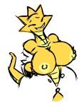  alphys anthro big_breasts big_butt breasts butt clothed clothing female flashing huge_breasts huge_butt humanoid kevemperor lizard nipples not_furry reptile scalie simple_background sketch smile solo thick_thighs undertale video_games white_background wide_hips 