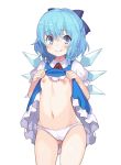 1girl :q ass_visible_through_thighs blue_bow blue_dress blue_eyes blue_hair blush bow breasts breasts_outside cameltoe cirno closed_mouth cowboy_shot dress frilled_dress frilled_sleeves frills hair_ribbon ice ice_wings looking_at_viewer navel nipples panties petite pinafore_dress puffy_short_sleeves puffy_sleeves red_neckwear ribbon short_hair short_sleeves simple_background small_breasts smile solo stomach tail thighs tongue tongue_out touhou tsuderou underwear white_background white_panties wings 