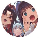  3girls ahoge blue_eyes blush brown_eyes brown_hair character_request choker closed_mouth cupping_hands eyebrows_visible_through_hair hairband index_finger_raised long_hair looking_at_viewer multiple_girls open_mouth ryuuou_no_oshigoto! shirabi silver_hair tongue tongue_out v 