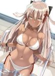  1girl ahoge bikini black_ribbon breasts commentary_request dark_skin fate/grand_order fate_(series) feet_out_of_frame front-tie_bikini front-tie_top grey_eyes hair_ribbon highres koha-ace large_breasts long_hair looking_at_viewer okita_souji_(alter)_(fate) okita_souji_(fate)_(all) oota_yuuichi open_mouth pool ribbon side-tie_bikini solo swimsuit thighs very_long_hair wading water wet white_bikini white_hair wristband 