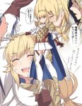  1boy 1girl armor black_gloves blonde_hair blush boots braid cape eyebrows_visible_through_hair fire_emblem fire_emblem_heroes full_body gloves green_eyes hair_ornament holding holding_weapon long_hair looking_at_viewer multiple_views open_mouth sharena shiseki_hirame shoulder_plates smile speech_bubble thighhighs upper_teeth weapon white_legwear 