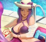  ball bare_shoulders beachball bikini bow breasts cleavage day hat innertube kirby league_of_legends legs lips medium_breasts mole mole_on_breast mole_under_eye nail_polish navel o-ring o-ring_bikini off_shoulder one_eye_closed outdoors pool purple_bikini purple_bow purple_eyes purple_hair purple_nails stomach summer sun_hat sunglasses swimsuit thaumazo thigh_strap water water_gun wet 