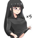  1girl 5 bandaid bandaid_on_face bandaid_on_nose bangs black_hair black_shirt blunt_bangs breasts commentary cropped_torso english_commentary eyebrows_visible_through_hair large_breasts lifted_by_self long_hair long_sleeves midriff_peek mochi_(chain_csn) number original purple_eyes shirt shirt_lift sidelocks simple_background solo upper_body white_background 