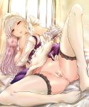  1girl anus apron apron_lift azur_lane bangs bed_sheet belfast_(azur_lane) blue_eyes blush braid breasts chain cleavage collar collarbone commentary_request covered_clitoris drawing_nk elbow_gloves eyebrows_visible_through_hair french_braid frilled_apron frilled_gloves frills gloves groin half-closed_eyes heavy_breathing highres indoors large_breasts legs lifted_by_self long_hair looking_at_viewer lying maid maid_apron maid_headdress no_panties on_bed parted_lips shiny shiny_skin side_braid silver_hair solo spread_legs sweat tape_on_pussy thighhighs waist_apron white_apron white_gloves white_legwear window 