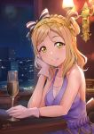  1girl absurdres artist_name birthday blonde_hair braid breasts building cleavage collarbone commentary_request crown_braid cup dated drinking_glass eyebrows_visible_through_hair gloves hair_ribbon hair_rings happy_birthday highres large_breasts looking_at_viewer love_live! love_live!_sunshine!! medium_hair night night_sky ohara_mari ribbon shamakho sitting sky sleeveless smile table white_gloves yellow_eyes 