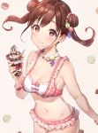 1girl bare_arms bare_shoulders breasts brown_hair cleavage collarbone cowboy_shot cup dessert double_bun floating_hair food food_on_face food_themed_hair_ornament frills hair_ornament heart highres holding holding_cup idolmaster idolmaster_shiny_colors long_hair looking_at_viewer macaron_hair_ornament medium_breasts navel polka_dot smile solo sonoda_chiyoko sparkling_eyes stomach takeashiro twintails wafer_stick 
