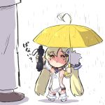  1girl :o ahoge ahoge_wag azur_lane bangs bare_shoulders black_umbrella blonde_hair blush breasts brown_eyes brown_footwear chibi closed_umbrella commander_(azur_lane) commentary_request detached_sleeves dress eldridge_(azur_lane) expressive_hair eyebrows_visible_through_hair facial_mark fur-trimmed_boots fur_trim hair_between_eyes holding holding_umbrella long_hair long_sleeves minigirl out_of_frame outstretched_arm pants parted_lips puffy_long_sleeves puffy_sleeves rain shadow shoes sleeveless sleeveless_dress small_breasts solo_focus standing thighhighs translation_request twintails u-non_(annon&#039;an) umbrella very_long_hair white_background white_dress white_footwear white_legwear white_pants white_sleeves yellow_umbrella 