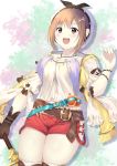  1girl 7_calpis_7 :d atelier_(series) atelier_ryza bare_shoulders belt belt_buckle beret black_ribbon blush breasts brown_belt brown_eyes brown_gloves brown_hair buckle cleavage collarbone commentary_request fingernails gloves hair_ornament hairclip hand_up hat highres jacket jewelry long_sleeves looking_at_viewer medium_breasts open_clothes open_jacket open_mouth pendant puffy_long_sleeves puffy_sleeves red_shorts reisalin_stout ribbon round-bottom_flask shirt short_hair short_shorts shorts sidelocks single_glove skindentation sleeveless_jacket smile solo thighhighs vial white_headwear white_legwear white_shirt yellow_jacket 