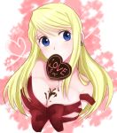  1girl bangs blonde_hair blue_eyes bow breasts character_name chocolate chocolate_heart chocolate_on_breasts cleavage earrings eyebrows_visible_through_hair floating_hair fullmetal_alchemist heart highres jewelry long_hair looking_to_the_side machi_(xxx503r) medium_breasts mouth_hold naked_ribbon red_bow red_ribbon ribbon solo swept_bangs upper_body winry_rockbell 