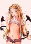  1girl abigail_williams_(fate/grand_order) absurdres bangs bare_shoulders black_bow blonde_hair blue_eyes blush bow breasts closed_mouth demon_girl demon_tail demon_wings fate/grand_order fate_(series) forehead highres long_hair looking_at_viewer minertime mouth_hold navel orange_bow panties parted_bangs polka_dot polka_dot_bow shirt shirt_lift small_breasts solo striped striped_panties succubus tail thighs underwear white_shirt wings 