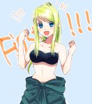  1girl :d black_bra blonde_hair blue_background blue_eyes bra breasts cleavage collarbone earrings eyebrows_visible_through_hair floating_hair fullmetal_alchemist high_ponytail jewelry long_hair looking_at_viewer machi_(xxx503r) medium_breasts navel open_mouth smile solo standing strapless strapless_bra underwear v-shaped_eyebrows very_long_hair winry_rockbell 