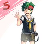 1boy 5 :d brown_shorts camera child collarbone cowboy_shot green_hair headband holding holding_camera jin_(phoenixpear) looking_at_viewer mikajime_ryo missing_tooth neckerchief number open_mouth red_headband sailor_collar short_shorts short_sleeves shorts slit_pupils smile solo standing white_sailor_collar yellow_eyes yellow_neckwear zanki_zero 