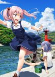  2girls :d alternate_costume blue_dress blue_hair blue_shorts blue_sky bracelet bucket casual cloud collared_shirt day dress fishing fishing_rod floating_hair full_body grin hair_bobbles hair_ornament hair_ribbon highres holding holding_fishing_rod ichikawa_feesu jewelry kantai_collection long_hair multiple_girls ooshio_(kantai_collection) open_mouth outdoors pinafore_dress pink_eyes pink_hair remodel_(kantai_collection) ribbon running sazanami_(kantai_collection) shirt shoes short_hair short_twintails shorts sitting sky smile twintails white_footwear white_shirt 