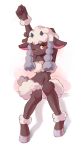  1girl animal_ears arm_behind_back arm_up armpits blush braid dark_skin furry highres hooves horns midriff navel one_eye_closed pokemon pokemon_(creature) pokemon_(game) pokemon_swsh sheep_ears simple_background sitting smile solo stretch twin_braids white_background wool wooloo yellow_eyes 