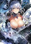  1girl azur_lane bangs bare_shoulders blue_eyes blush breasts cleavage collarbone commentary_request covered_nipples dress dress_lift earrings elbow_gloves eyebrows_visible_through_hair flight_deck floating_hair gloves hair_between_eyes hair_ribbon hat highres illustrious_(azur_lane) jewelry lace lace-trimmed_dress lace_trim large_breasts leaning_forward lifted_by_self long_hair looking_at_viewer low_twintails machinery parted_lips ribbon sapphire_(gemstone) see-through signo_aaa smile solo standing strapless strapless_dress sun_hat teeth thighhighs tress_ribbon tri_tails twintails very_long_hair water wet wet_clothes white_dress white_gloves white_hair white_headwear white_legwear 