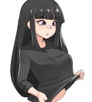  1girl bandaid bandaid_on_face bandaid_on_nose bangs black_hair black_shirt blunt_bangs breasts commentary cropped_torso english_commentary eyebrows_visible_through_hair large_breasts lifted_by_self long_hair long_sleeves midriff_peek mochi_(chain_csn) original purple_eyes shirt shirt_lift sidelocks simple_background solo upper_body white_background 