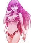  1girl anger_vein bangs bare_shoulders blush breasts cleavage collarbone fate/grand_order fate_(series) hair_between_eyes hair_intakes highres kazuma_muramasa large_breasts long_hair looking_at_viewer monochrome navel open_mouth scathach_(fate)_(all) scathach_(swimsuit_assassin)_(fate) simple_background solo thighs white_background 