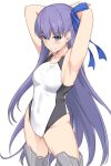  1girl armpits arms_behind_head arms_up bangs bare_arms black_swimsuit blue_eyes blue_ribbon blush breasts collarbone competition_swimsuit covered_navel cowboy_shot disconnected_mouth eyebrows_visible_through_hair fate/extra fate/extra_ccc fate_(series) groin hair_between_eyes hair_ribbon highleg highleg_swimsuit looking_at_viewer medium_breasts meltryllis one-piece_swimsuit purple_hair ribbon shin_guards shiseki_hirame simple_background smile solo swimsuit thighs two-tone_swimsuit v-shaped_eyebrows white_background white_swimsuit 
