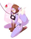  &lt;3 4_toes 5_fingers anthro blue_fur blush bra breasts brown_fur brown_hair canid canine cat_lingerie clothing collar female fluffy fluffy_tail food fox fur green_eyes hair hi_res kneeling leash lingerie mammal multi_colored_fur open_mouth panties pink_hair popsicle short_hair smile solo speech_bubble spots spotted_fur toes tongue tongue_out underwear unseen_character viskasunya white_fur 