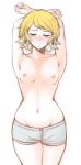  1girl areolae armpits arms_up blonde_hair blush breasts closed_eyes earrings fire_emblem fire_emblem_heroes fjorm_(fire_emblem_heroes) groin highres jewelry looking_away navel nipples partially_undressed short_hair small_breasts solo thighs tridis underwear underwear_only white_background 