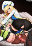  2girls belt black_belt black_bow black_gloves black_legwear black_shorts blonde_hair blue_eyes blush boots bow breasts brown_shorts cum cum_in_pussy eyebrows_visible_through_hair gloves goblin_slayer goblin_slayer! green_hair hair_bow hair_ornament hat hetero high_elf_archer_(goblin_slayer!) long_hair looking_at_another lying multiple_girls neocoill on_back open_mouth penis priestess_(goblin_slayer!) pussy short_hair shorts small_breasts smile thighhighs vaginal white_headwear 