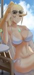  1girl adjusting_eyewear alternate_costume arm_up bangs beach bikini blonde_hair blush breasts chair cleavage cloud cup earrings eyebrows_visible_through_hair food fruit glowing highres hikari_(xenoblade_2) jewelry juice large_breasts lemon long_hair looking_at_viewer mebi_(mebieru) navel ocean one_eye_closed ponytail pose sand shadow shiny shiny_skin sitting sky solo source_request sunglasses swept_bangs swimsuit table tongue tongue_out umbrella wet white_bikini xenoblade_(series) xenoblade_2 yellow_eyes 