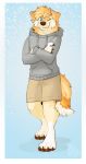  anthro blue_eyes bottomwear canid canine canis claws clothing crossed_arms domestic_dog fur hoodie male mammal nowandlater one_eye_closed pawpads shorts simple_background smile solo tan_fur white_fur 