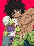  1boy 1girl :o abs arm_at_side armor belt black_eyes black_hair bodysuit breasts broly_(dragon_ball_super) cheelai chest_scar clothes_around_waist covering covering_mouth cowboy_shot dark_skin dark_skinned_male dirty dirty_clothes dirty_face dragon_ball dragon_ball_super_broly expressionless eyelashes fanny_pack gloves green_skin hand_up jewelry leaning leaning_to_the_side looking_to_the_side medium_breasts muscle necklace nipples outsuki parted_lips pink_background profile purple_bodysuit purple_eyes scar shirtless short_hair sideboob simple_background spiked_hair standing whispering white_gloves white_hair 