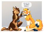  anthro blue_fur brown_eyes brown_fur canid canine canis claws collar domestic_dog english_text eye_contact female fluffy fluffy_tail fur green_eyes hand_on_face kneeling leash looking_at_another male mammal nowandlater open_mouth speech_bubble text white_fur yellow_fur 