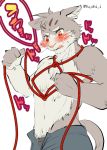  anthro blush bottomwear brown_fur clothed clothing domestic_cat felid feline felis fur mammal multicolored_fur red_eyes rope signature simple_background sitri tokyo_afterschool_summoners topless two_tone_fur video_games white_background white_fur yu_chi_i 