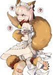  1girl ? absurdres ahoge animal_ear_fluff animal_ears apron ass bangs bell bell_collar black_bow blush bow brown_footwear brown_gloves cat_hair_ornament collar eyebrows_visible_through_hair fate/grand_order fate_(series) fox_ears fox_girl fox_tail frilled_apron frills gloves green_eyes hair_between_eyes hair_bow hair_ornament highres jingle_bell leg_garter looking_away maid_headdress naked_apron nose_blush omucchan_(omutyuan) open_mouth paw_gloves paw_shoes paws red_collar shoes simple_background solo spoken_question_mark sweat tail tamamo_(fate)_(all) tamamo_cat_(fate) v-shaped_eyebrows white_apron white_background 