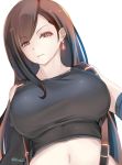  1girl alternate_color alternate_eye_color backlighting bangs black_sleeves black_tank_top breasts brown_eyes brown_hair colored_eyelashes crop_top earrings elbow_sleeve eyebrows_visible_through_hair eyes_visible_through_hair final_fantasy final_fantasy_vii final_fantasy_vii_remake glowing_earrings highres huge_breasts jewelry light_frown long_hair looking_at_viewer looking_down navel red_earrings reflective_eyes shiki_(psychedelic_g2) shiny shiny_clothes shiny_hair shirt simple_background solo stomach suspenders swept_bangs taut_clothes taut_shirt tifa_lockhart twitter_username upper_body very_long_hair white_background 