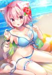  1girl :d animal_ears beach beach_mat between_breasts bikini blue_bikini breasts cat_ears cat_tail cleavage fang flower hair_flower hair_intakes hair_ornament hairclip hibiscus highres jewelry kantai_collection large_breasts leg_garter masayo_(gin_no_ame) navel necklace ocean open_mouth pink_eyes pink_hair ramune short_hair side-tie_bikini sitting smile solo swimsuit tail tama_(kantai_collection) untied untied_bikini wariza 