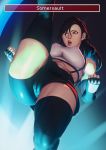  1girl abs attack bike_shorts black_legwear black_skirt breasts cameltoe covered_nipples dark_background elbow_gloves english_text final_fantasy final_fantasy_vii final_fantasy_vii_remake fingerless_gloves gloves highres john_doe kicking large_breasts long_hair midriff open_mouth red_eyes shorts shorts_under_skirt skirt solo somersault suspenders tank_top thighhighs tifa_lockhart toned 