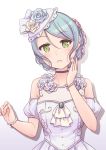  1girl aqua_hair ascot ayasaka bang_dream! black_choker blue_flower blue_rose bracelet braid choker commentary_request detached_sleeves dress flower green_eyes hair_flower hair_ornament hand_on_own_cheek hat hat_flower hat_ribbon hikawa_sayo jewelry lace-trimmed_hat looking_at_viewer necklace parted_lips pearl_bracelet pearl_necklace pink_flower pink_rose ribbon rose sidelocks solo tied_hair upper_body wedding_dress white_dress white_flower white_ribbon white_rose yellow_flower yellow_rose 