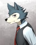  2019 absurd_res anthro beastars black_nose bust_portrait canid canine canis clothed clothing digital_media_(artwork) fur grey_eyes grey_fur hi_res legosi_(beastars) looking_at_viewer male mammal mykegreywolf necktie portrait simple_background solo wolf 